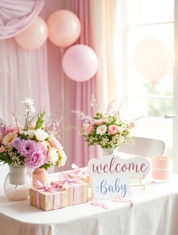 A beautifully decorated baby shower table with pastel-no-person, balloons, and a welcome baby sign in soft pastel tones