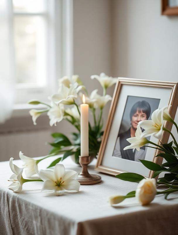 Memorial table with white lilies, a candle, and a framed photograph